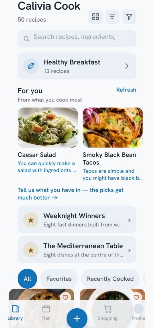 Calivia Cook app home screen showing the recipe library, search and personalised picks